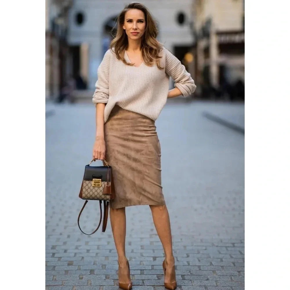 VINTAGE - Tan Suede Leather High Waisted Skirt